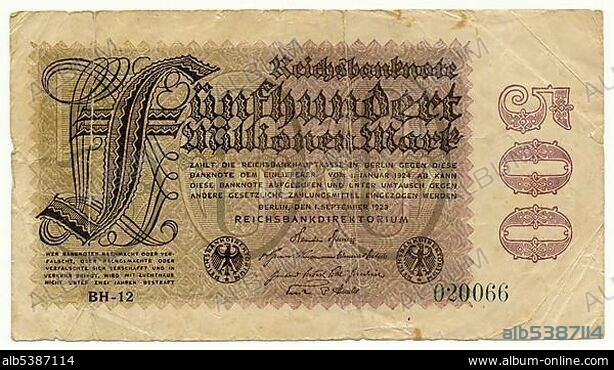 Front of a banknote, Reichsbank, value 500 million Marks, 1923, inflation money, Germany, Europe.