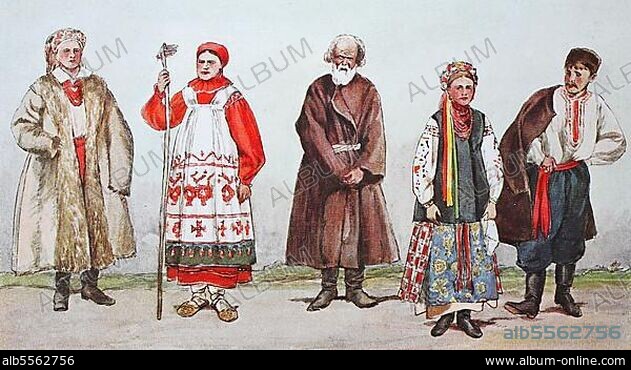 Mode, Kleidung, Volkstrachten im europäischen Russland, die Kleinrussen, von links, eine Kleinrussin aus Cherson, eine ukrainische Bäuerin, eine alte Ukrainerin, eine Ukrainerin in Festkleidung und junge Ukrainerinnen, digitale verbesserte Reproduktion nach einem Original aus dem Jahr 1900.