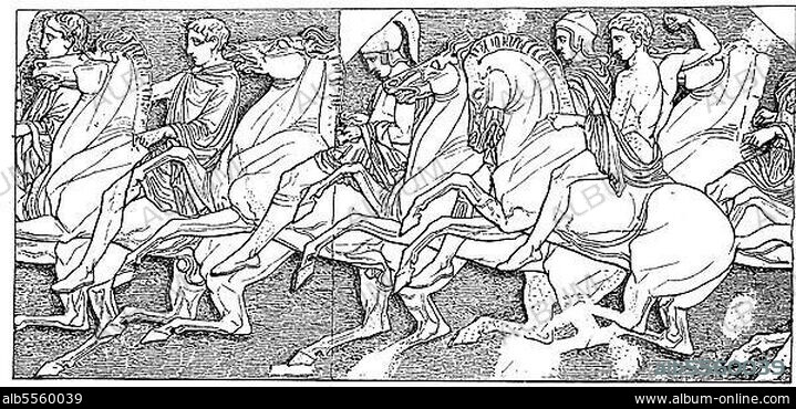 Reitergruppe vom Nordfries des Parthenon, Tempel für die Stadtgöttin Pallas Athena Parthenos auf der Athener Akropolis, Griechenland, Historisch, digitale Reproduktion einer Originalvorlage aus dem 19. Jahrhundert.