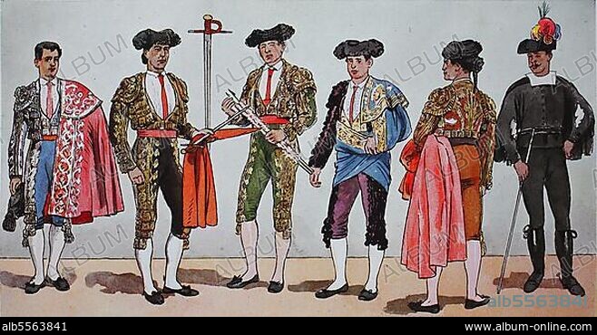 Mode, Kleidung bei den Stierkämpfen in Spanien für die neuere Geschichte, von links, ein Matador mit reich verziertem Mantel, dann eine Espada, der Fechter, dann ein Banderillero, dann ein Stierkämpfer, dann ein Stierkämpfer mit Capote, dem Fechtmantel und ein Alguacil in alt-spanischer Tracht der Garde, digital verbesserte Reproduktion einer Illustration aus dem 19. Jahrhundert.