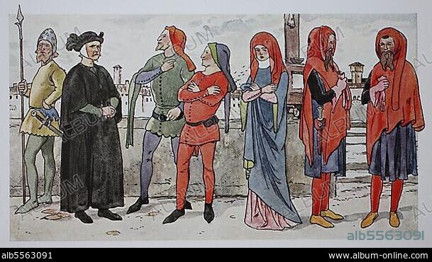 Kleidung, Mode der italienischen Frührenaissance, 14. Jahrhundert, um 1325-1350, von links, städtische Söldner, Ritter mit Tuchhut, dann zwei Vornehme in kurzem, eng geknöpftem Rock, Dame in hochgeschlossenem Überkleid und schleierartigem Kopftuch und ein Herr, doppelt, mit halblangem Rock, Überwurf und aufgesetztem Kapuzenkragen, digital verbesserte Reproduktion einer Illustration aus dem 19. Jahrhundert.