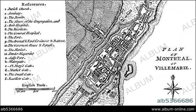 City map of the city of Montreal, Quebec, Canada, around 1760, North America.