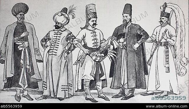 Mode, Kleidung in der Türkei im 16. Jahrhundert, von links, ein angesehener Türke mit dem Titel Emir, ein Oberbefehlshaber der Janitscharen, ein Koch, ein jüdischer Arzt, ein Janitschar der Leibwache des Sultans, digital restaurierte Reproduktion einer Originalvorlage aus dem 19. Jahrhundert, genaues Originaldatum nicht bekannt.
