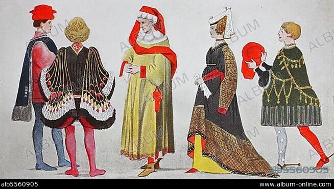 Kleidung, Mode in Italien, Oberitalien, um 1435-1440, von links, zwei junge, elegante aus Verona, ein Vertreter der akademischen Stände, eine Venezianerin um 1470, ein junger Mann mit Sporen, digital restaurierte Reproduktion einer Originalvorlage aus dem 19. Jahrhundert.