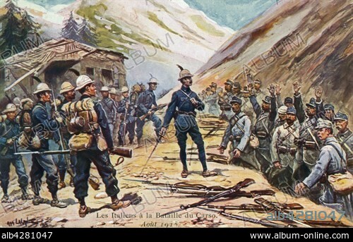Postcard representing Italian troops (left) triumphing over the Austro-Hungarian army during the Second Battle of the Isonzo.. Illustration by Alphonse Lalauze.. August 3, 1915.