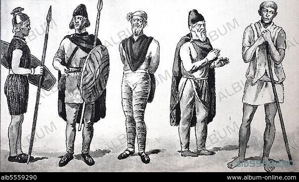 Kleidung germanischer Stämme, dann ein gefangener Daker ein Bastard, über gegürteten Tunika paenula schlank trägt, digital verbesserte Reproduktion einer Illustration aus dem 19. Jahrhert, Ostgermanen in römischer Zeit, ca. im 8. Jahrhundert v. Chr. von links, Kymbischer oder Kimmischer Krieger, ostgermanischer Krieger, gefesselter Bastarner, heute Rumänien.
