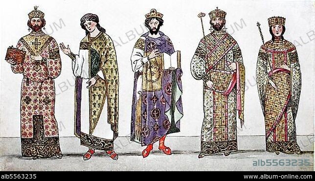 Kleidung, Mode am kaiserlichen Hof in Byzanz, 4. bis 11. Jahrhundert, von links, Kaiser Nikephoros IV. im reichen Obergewand und Accessoires des Herrscherorakels, Krone und Schmuck, Würdenträger im 11. Jahrhundert, Kaiser Romanos II. mit Krone und Kaiser Nikephoros mit seiner Gemahlin im Ornat mit Zepter und Krone, digital verbesserte Reproduktion einer Illustration aus dem 19. Jahrhundert.