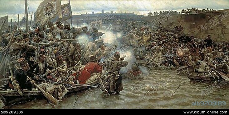 The Conquest of Siberia by Jermak, a painting by Vasily Surikov, Jermak Timofeyevich, 1525 or 1540 to August 1585, a Russian Cossack ataman and explorer, Historical, digitally restored reproduction of a 19th century original, exact date unknown.