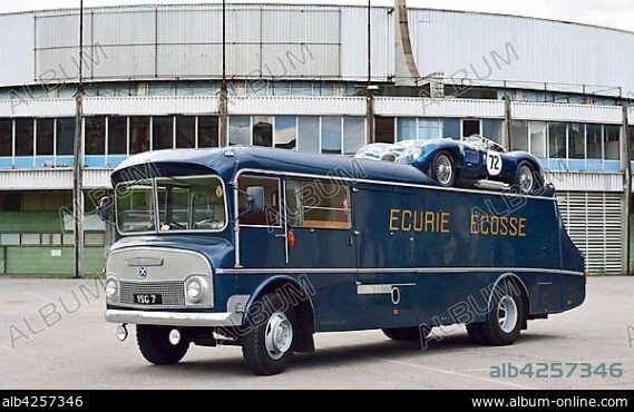 Jaguar racing car transporter, in front of the exhibition hall, exhibition, vintage car, racing car, Mille Miglia, Brescia, Lombardy, Italy, Europe.