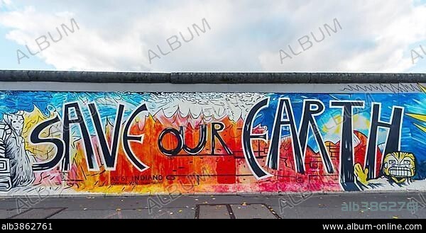 Lettering Save our Earth, artist Yvonne Matzat, painting of the Berlin Wall, East Side Gallery, Berlin, Germany, Europe.