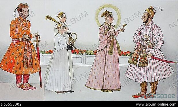 Kleidung, Mode in Indien, von 1600-1800, von links, ein Herrscher von Dehli im 17. Jahrhundert, dann der Großmogul von Indien, Achmed Shah, 1748-1758, mit zwei Dienern und dem kaiserlichen Prinzen, Murad-Bakche im 17. Jahrhundert, digital restaurierte Reproduktion einer Originalvorlage aus dem 19. Jahrhundert.