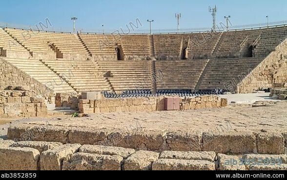 Roman theater, amphitheater, archeological excavation, ancient city of Caesarea Maritima or Caesarea Palestinae, Sharon plain, National Park, Mediterranean Sea, Israel, Asia.
