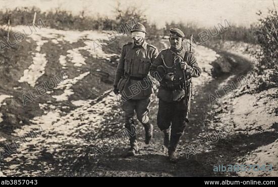 Historic photograph, Romanian soldier being led blindfolded by a German soldier as a negotiator through the front line, World War I, Romania, Europe.