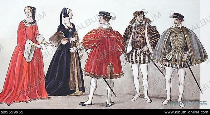 Kleidung, Mode in Frankreich zur Zeit der Renaissance um 1500-1575, Mode der französischen, vornehmen Gesellschaft, von links, zwei Damen am Hof von König Franz I. einem französischen Adligen, dann König Anton von Navarra in spanischer Tracht um 1560, und König Heinrich II. von Frankreich in spanischer Tracht, digitale verbesserte Reproduktion nach einem Original aus dem Jahr 1900.