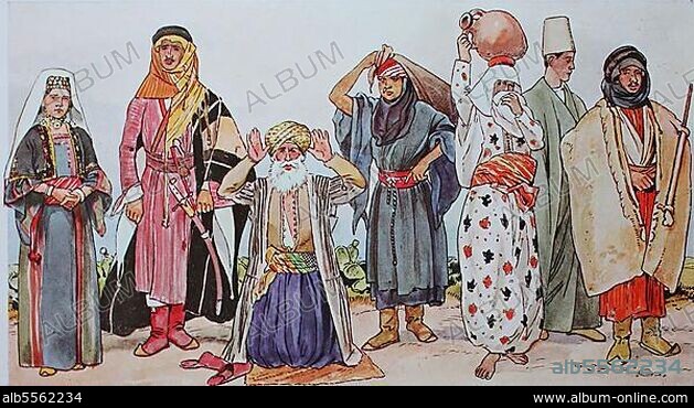 Kleidung, Mode in Palästina, von links, eine Frau aus Bethlehem, ein Beduinenscheich aus dem Hauran, ein betender Mohammedaner, Jerusalem, dann eine Beduinenfrau aus der Gegend von Jerusalem, eine Fellachenfrau aus der Gegend von Nazareth, ein Derwisch aus Damaskus und ein Beduine aus Palästina, digital restaurierte Reproduktion einer Originalvorlage aus dem 19. Jahrhundert.