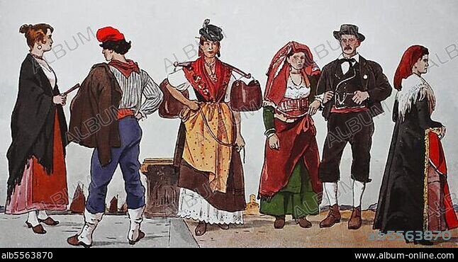 Mode, Kleidung im heutigen Italien, 18. und 19. Jahrhundert, von links, ein Mädchen aus Venedig, ein Fischer aus Chioggia bei Venedig, eine Frau aus Friaul, zwei Landsleute aus Cascano, Kampanien und eine Frau von der Insel Procida bei Neapel, digital verbesserte Reproduktion einer Illustration aus dem 19. Jahrhundert.