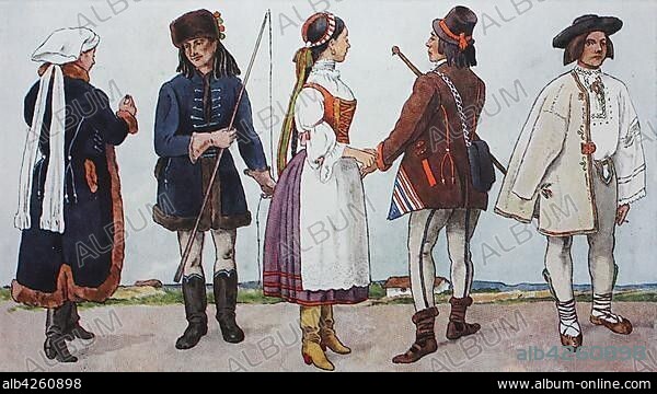 People in traditional costumes, fashion, costumes, clothes in Slovakia, around the 19th century, illustration, Slovakia, Europe.