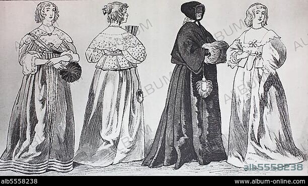 Mode, Kleidung in England um 1640, nach Radierungen von Wenzel Hollar, Mode der vornehmen englischen Damen, 3. von links, eine vornehme Dame im winterlichen Straßenkostüm, digital restaurierte Reproduktion einer Originalvorlage aus dem 19. Jahrhundert, genaues Originaldatum nicht bekannt.