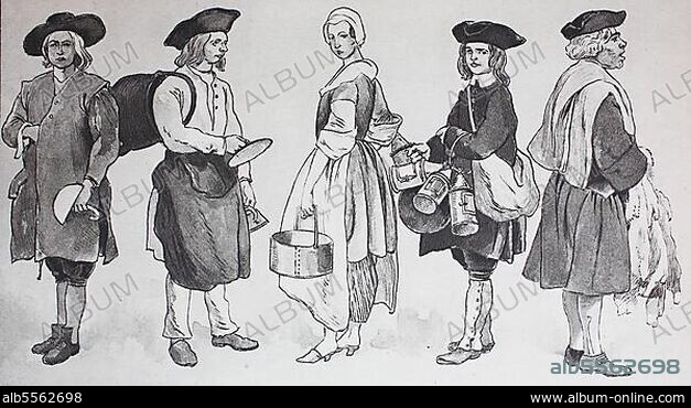 Mode, Kleidung in Frankreich, Rokoko, Pariser Straßenleben um 1740, von links, ein Schornsteinfeger, ein auvergnatischer Kupferschmied und Kesselflicker, ein Hausierer mit frischen Walnüssen, ein Händler mit Handlaternen und ein Händler mit Kaninchenfellen, digital restaurierte Reproduktion einer Originalvorlage aus dem 19. Jahrhundert, genaues Originaldatum nicht bekannt.