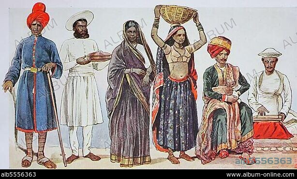 Kleidung, Mode in Indien in der modernen Geschichte, von links, ein Mann aus Bombay, ein Diener aus Bombay, eine Frau aus Bombay, dann ein Niedriglohnarbeiter und ein in Madras geborener Mann mit dracidischer Abstammung, digital restaurierte Reproduktion einer Originalvorlage aus dem 19. Jahrhundert.