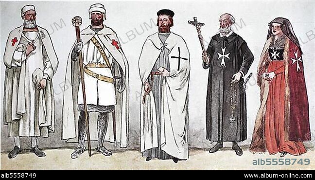 Kleidung, Mode der geistlichen Ritter im Mittelalter, von links ein Mann des Templerordens, ein Templer in Rüstung mit Kettenhemd, ein deutscher Herrscher oder Ritter des Deutschen Ordens, Darstellung 1243, ein Ordensmann des Johanniterordens und eine Ehrendame oder Andachtsdame des Johanniterordens, digital verbesserte Reproduktion einer Illustration aus dem 19. Jahrhundert.