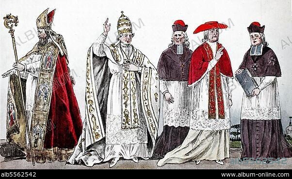 Kleidung, Mode, Kostüme der Bischöfe und Päpste aus dem 14. bis 18. Jahrhundert, von links, Boschof des 17. Jahrhunderts im großen Ornat, der damalige Papst Pius VI. ein Bischof in Chorkleidung, der Papst in der Öffentlichkeit, Nicht-Anbetung, ein Geistlicher des Ordens Unserer Lieben Frau vom Berge Karmel und des Heiligen Lazarus in Jerusalem, digital verbesserte Reproduktion einer Illustration aus dem 19. Jahrhundert.
