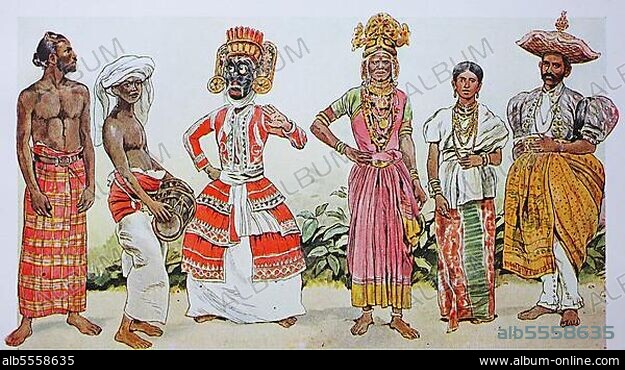 Kleidung, Mode in Indien in der modernen Geschichte, Bewohner der Insel Ceylon, von links, ein Tamule, Tamyle, dann ein Trommler, ein Jongleur eine Schauspielerin in weiblicher Rolle und ein lokaler Bezirksleiter mit seiner Frau, digital restaurierte Reproduktion einer Originalvorlage aus dem 19. Jahrhundert.
