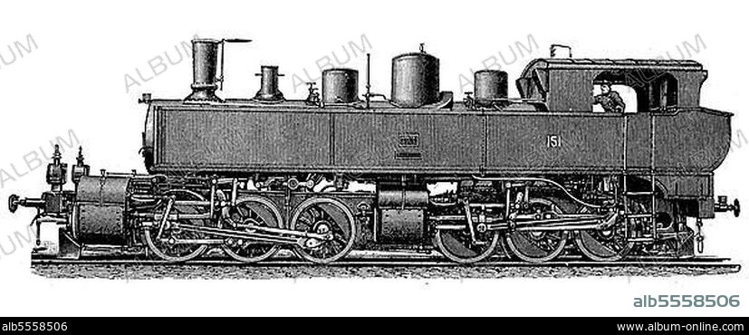 Lokomotiven aus dem 19. Jahrhundert: Duplex-Verbundlokomotive der Gotthardbahn, digital restaurierte Reproduktion einer Originalvorlage aus dem 19. Jahrhundert.