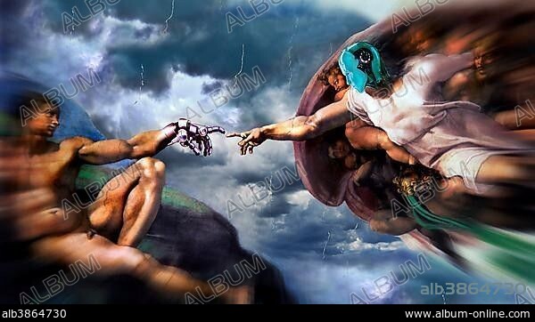 The Creation of Adam, Michelangelo, composed with robot hand and head.