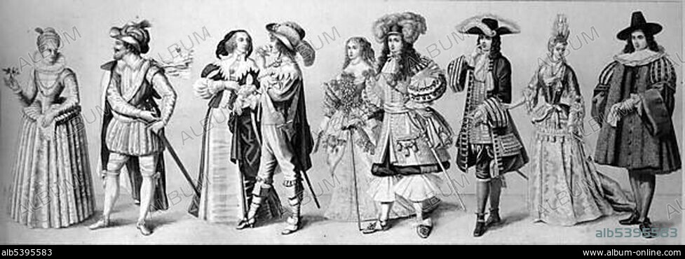 Cultural history, from left: two Dutch costumes from 1610, French fashion in 1670, Louis XIV and his wife in 1670, dandy and lady around 1690, Nuremberg councilman in 1700, historical illustration.