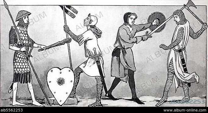 Kleidung, im Mittelalter, im 9. bis 14. Jahrhert, von links ein mit Schuppenpanzer über Kettenhemd, dann zwei mit Ohrenklappen ein mit Streitaxt im Waffenrock über Kettenhemd, digital verbesserte Reproduktion einer Illustration aus dem 19. Jahrhert, Mode der Ritter und Knappen in Frankreich.
