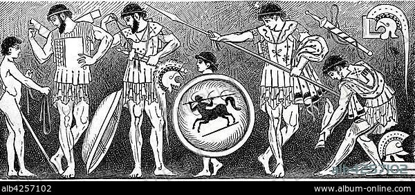 After an Attic vase image, Greek warriors prepare themselves, time of the Persian wars 500-449 BC, woodcut, Iran, Asia.
