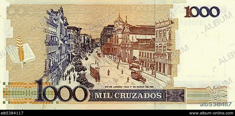 Banknote from Brazil, 1000 Cruzados, 1986, Rio de Janeiro, Zua de Marco, 1905.