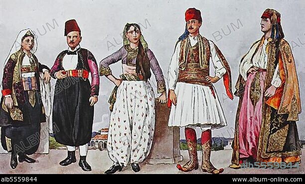 Mode, um das 19. Jahrhundert, von lks, e katholisches Ehepaar aus Skutari, e mohammedanisches Mädchen, e mohammedanischer Albaner, e so genannter Arnaute und ee albanische Frau reicher, bestickter Tracht, digital verbesserte Reproduktion eer Illustration aus dem 19. Jahrhundert, Kleidung in Albanien.