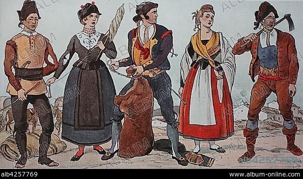 People in traditional costumes, fashion, clothing in Spain from 1810-1830, illustration, Spain, Europe.