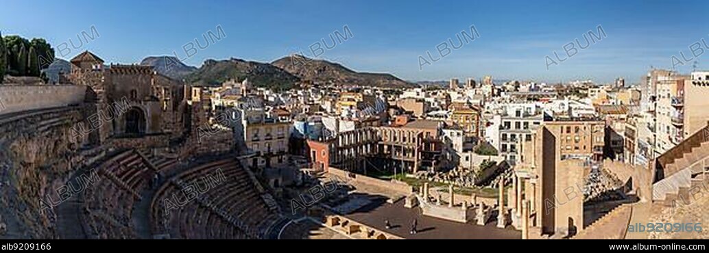 Cartagena, Spain - 29 December, 2021: panorama view of the historic ancient Roman arena and amphitheater in Cartagena.