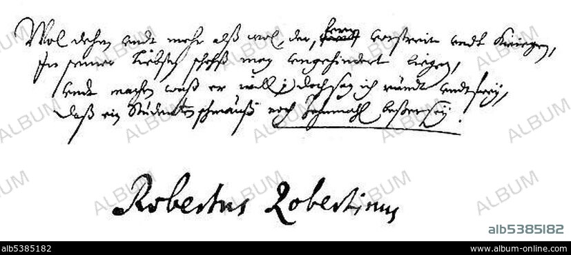 Historic manuscript by Robert Roberthin also known as Robertin, Robertinus or Berrintho, 1600 - 1648, a German poet, from Bildatlas zur Geschichte der Deutschen Nationalliteratur, an illustrated atlas by Gustav Koennecke, 1887.