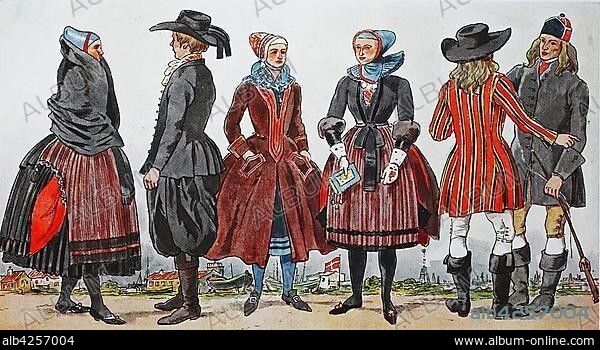 People in traditional costumes, fashion, clothes in Denmark, costumes around 1800, illustration, Denmark, Europe.