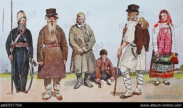 Mode, Kleidung, Trachten im europäischen Russland, von links, ein Donkosak im Jahr 1813, dann ein ländlicher Postillion und zwei kleinrussische Bauerntypen, dann ein großrussischer Bauer und ein kleinrussisches Bauernmädchen, digitale verbesserte Reproduktion nach einem Original aus dem Jahr 1900.
