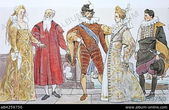 Fashion, costumes, clothing in Italian under Spanish fashion around 1590-1610, from left, Venetian lady around 1610, noble Venetian old gentleman around 1610, Venetian younger gentleman in Spanish fashion around 1610, Venetian lady around 1605, Italy, Europe.