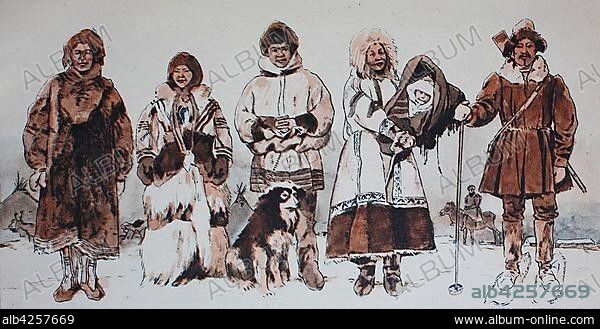 Clothing, fashion of the Eskimos, northernmost peoples in modern history, illustration, Greenland, North America.