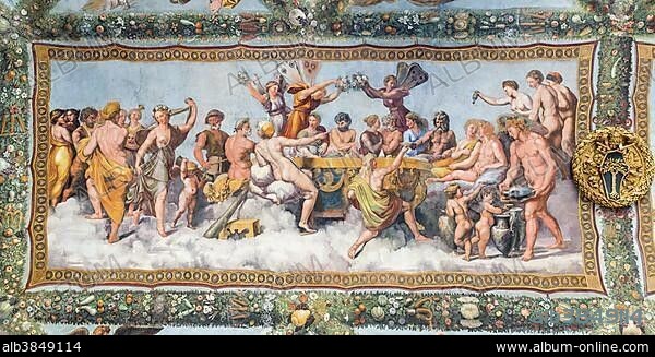 Wedding banquet of Cupid and Psyche, fresco by Raphael, Villa Farnesina, Rome, Italy, Europe.