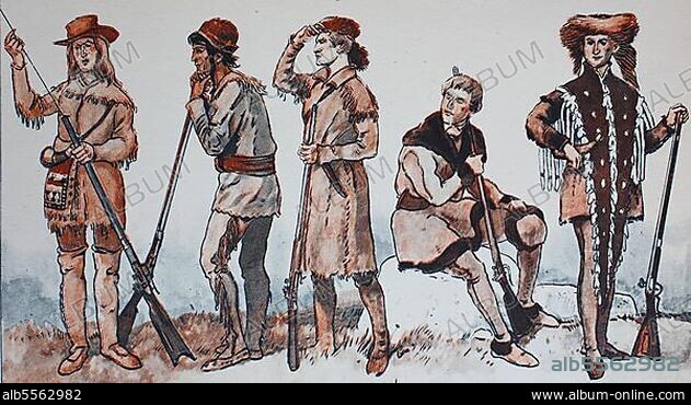 Mode, Kleidung in Nordamerika, Ende des 18. 19. Jahrhunderts, Trapper in ihren Leder- und Pelzanzügen, rechts Captain Meriwether Lewis 1805, digital restaurierte Reproduktion einer Originalvorlage aus dem 19. Jahrhundert.