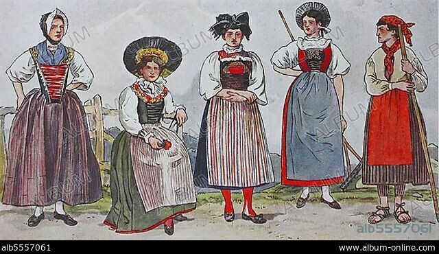 Mode, Trachten, Kleidung in der Schweiz Mitte des 19. Jahrhunderts, von links, Mädchen aus Appenzell, dann eine aus dem Kanton Thurgau, dann eine aus dem Kanton Aargau, dann eine aus dem Kanton Zug und eine Bäuerin in Arbeitstracht aus dem Schächental im Kanton Uri, digital verbesserte Reproduktion einer Illustration aus dem 19. Jahrhundert.