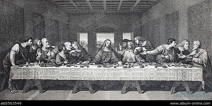 Das Letzte Abendmahl von Leonardo da Vinci aus dem späten 15. Jahrhundert, das sich im Refektorium des Klosters Santa Maria delle Grazie in Mailand befindet, digital restaurierte Reproduktion einer Originalvorlage aus dem 19. Jahrhundert.