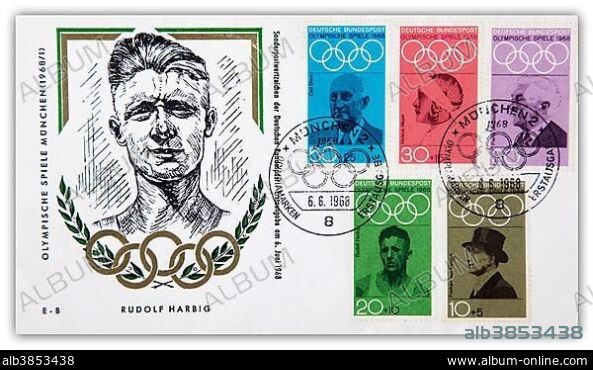 First day cover, Munich Olympic Games, special stamp for Rudolf Harbig, 6th June 1968.