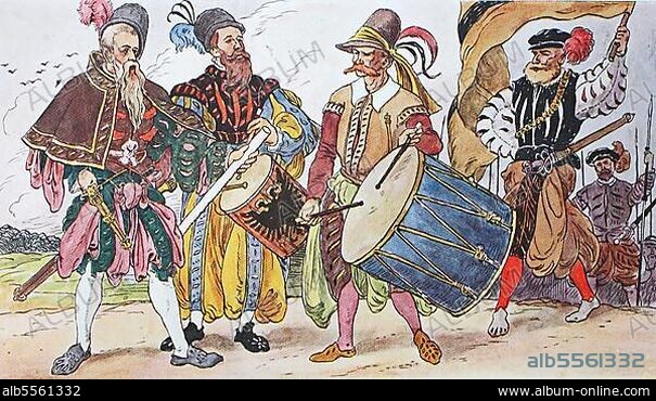 Kleidung, Mode des Landsknechts in Deutschland um 1520-1560, die Haremshosentracht, von links, ein Propst, dann zwei Trommler, Fahnenträger und ein Pikenier, digital restaurierte Reproduktion einer Originalvorlage aus dem 19. Jahrhundert.
