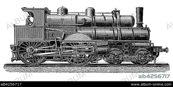 Locomotives from the 19th century, Locomotive with double boiler for the French East Railway, woodcut, France, Europe.