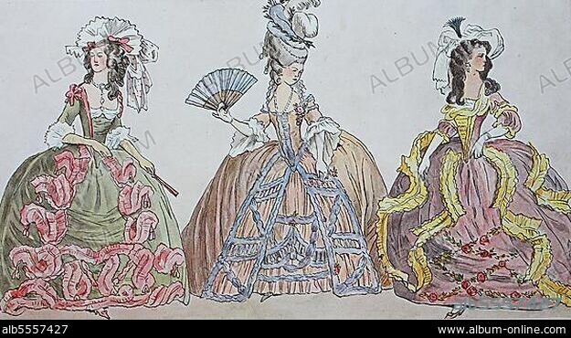 Mode, Kleidung, Trachten in Frankreich zur Zeit Ludwigs XVI. von 1775, 1785, zwei Damen in den Kleidern des späten Rokoko um 1777-1778 und eine Dame in der Grande Robe um 1780, digitale verbesserte Reproduktion nach einem Original aus dem Jahr 1900.