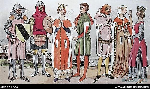 Kleidung, Mode, England im Mittelalter, Englische Kostüme des 14. Jahrhunderts, ähnlich der burgundisch-französischen Mode auf dem Festland, digital verbesserte Reproduktion einer Illustration aus dem 19. Jahrhundert.